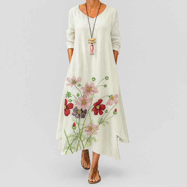 Hoogwaardige duurzame damesjurk, comfortabel en elegant, met ronde hals.