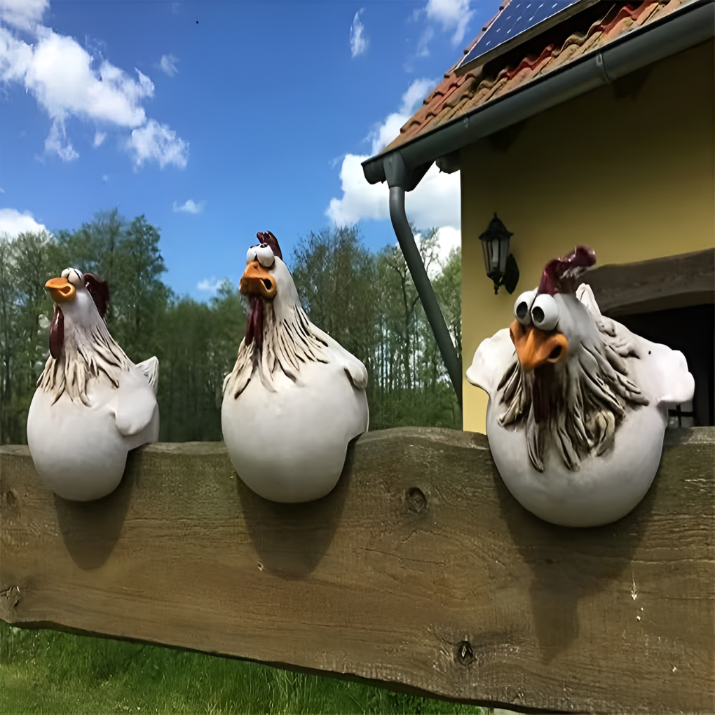 Vrolijke haan tuinhek versiering set van 3 stuks, speelse buitendecoratie van hars voor tuinen.