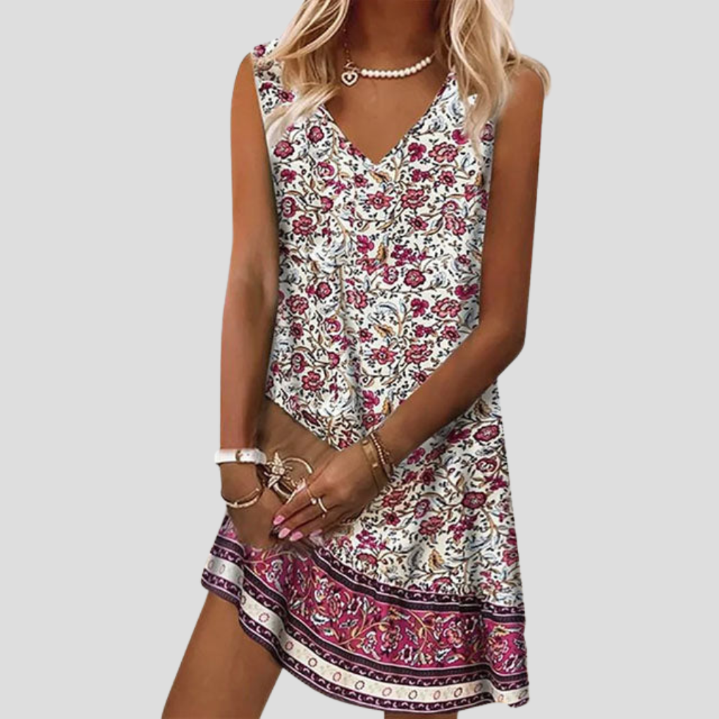 Dames strandjurk met bloemenprint; zomerse, lichte en comfortabele maxi/midi jurk, ideaal als casual strandkleding.