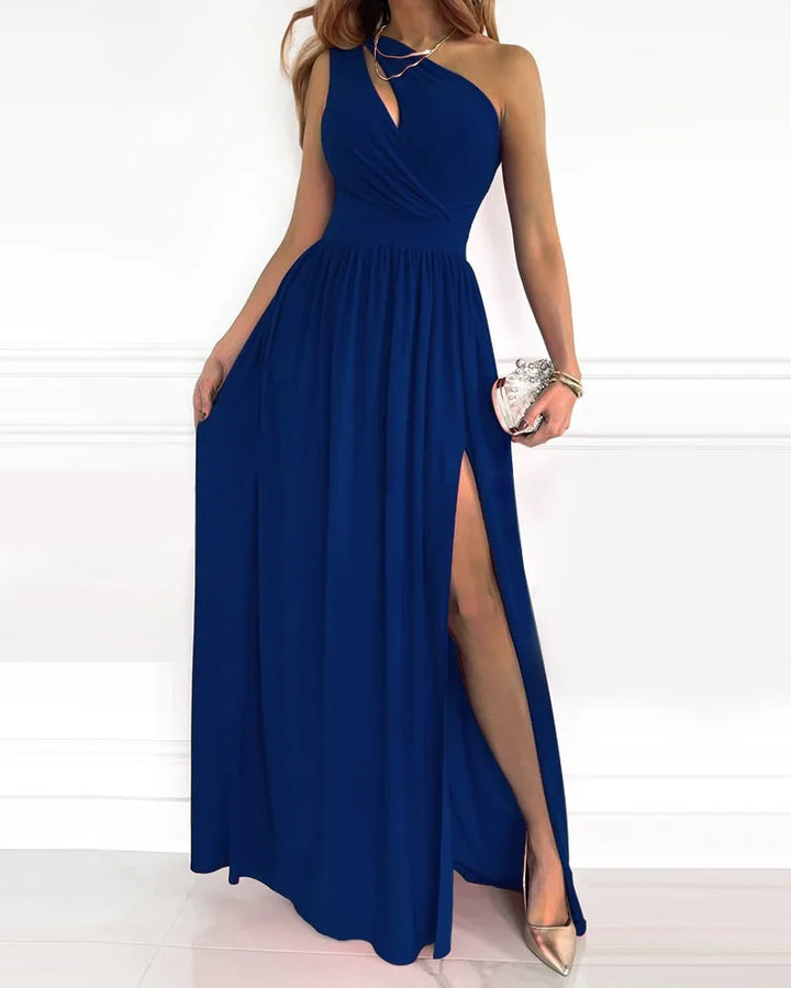 Prachtige avondjurk: elegante one-shoulder maxi jurk met korsetrug, ideaal voor feesten.