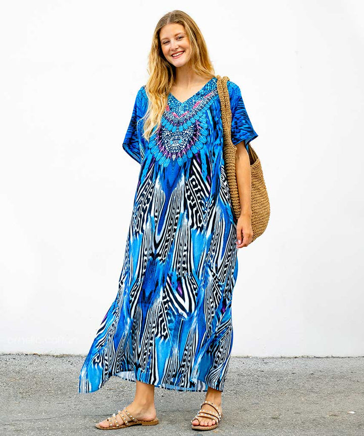 Dames Hawaiian Stijl Maxi Zomerjurk Salve met bloemenprint, perfect voor warme dagen en strand.