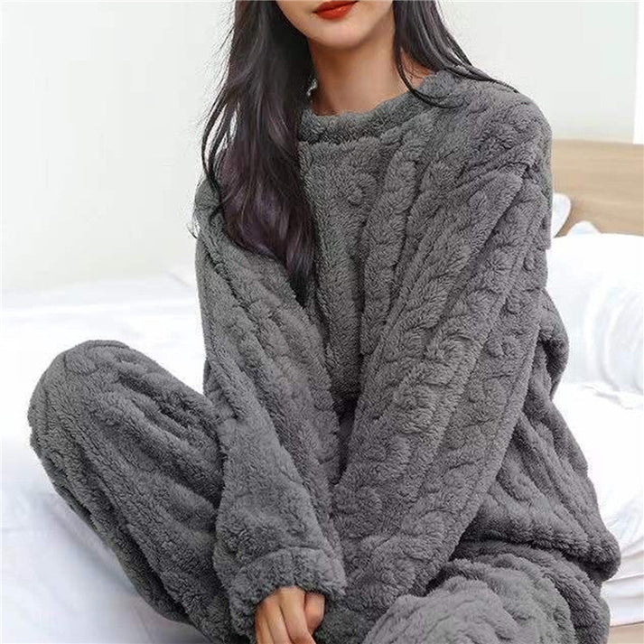 Dames comfortabele loungewear set, warm huispak met lange mouwen, tweedelig en zacht voor ontspanning thuis.