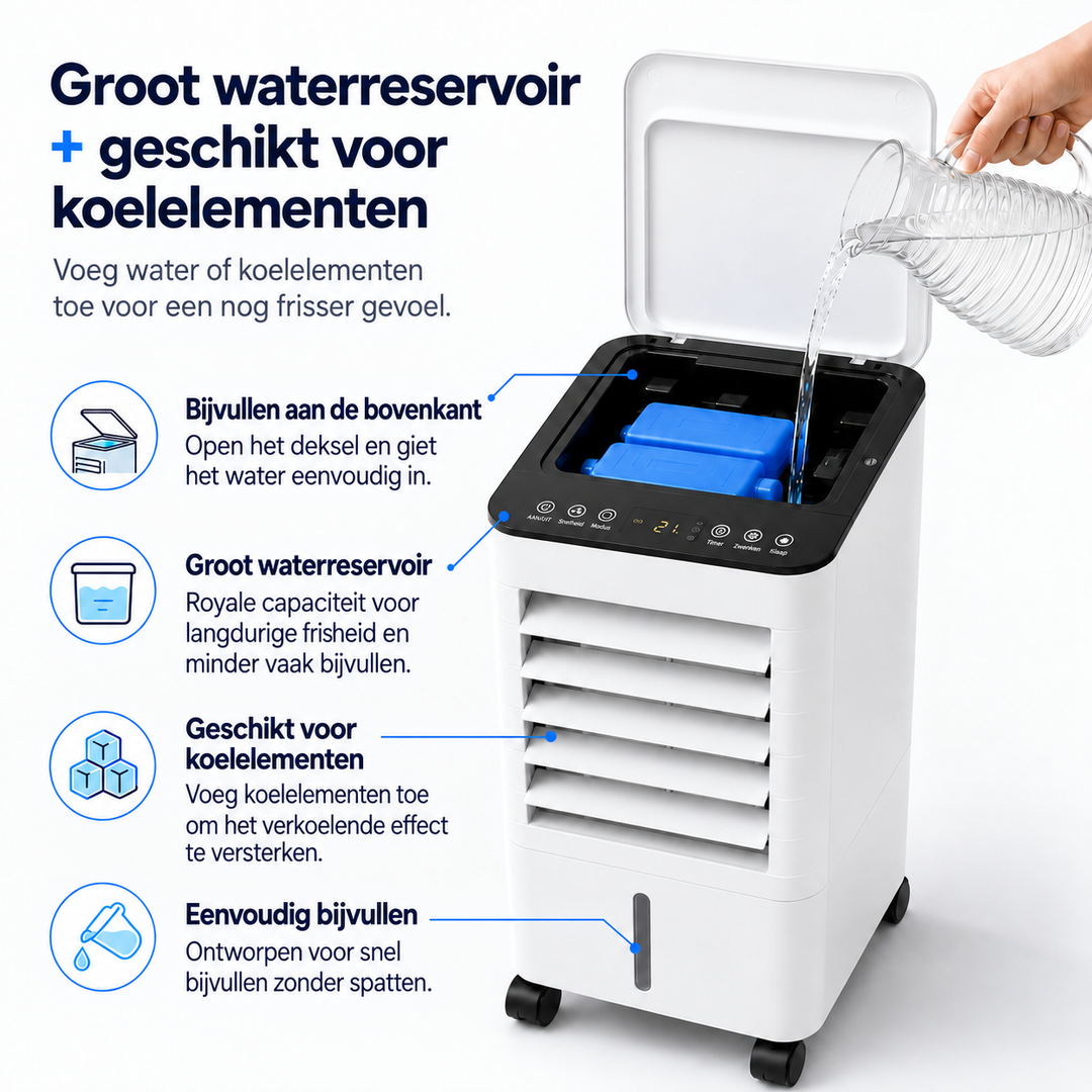 Verdampingsluchtkoeler met handige afstandsbediening voor moeiteloze bediening.