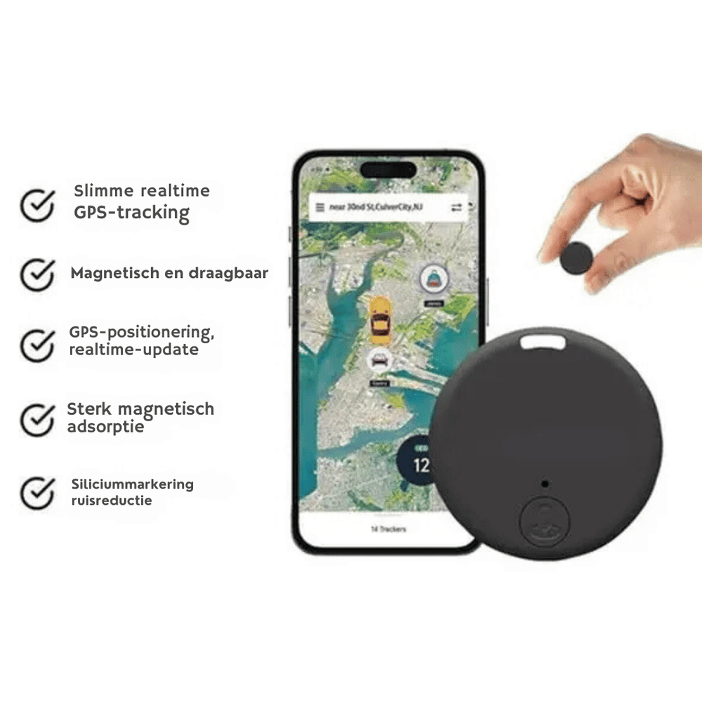 Mini GPS tracker voor auto beveiliging. Compacte zwarte anti-diefstal auto tracker met nauwkeurige locatiebepaling.