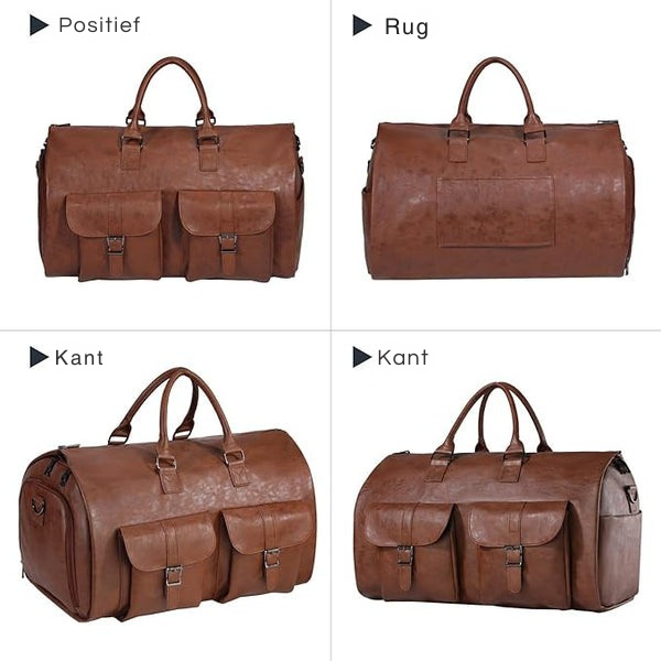 De duurzame vintage Simona reistas in warm licht, benadrukt de rijke kleur. Perfecte unisex weekendtas.