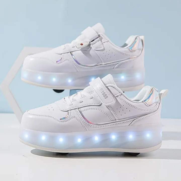 Comfortabele rolschaatsen voor beginners, in trendy paars-roze-wit, voor ontspannen vrijetijd skaten.