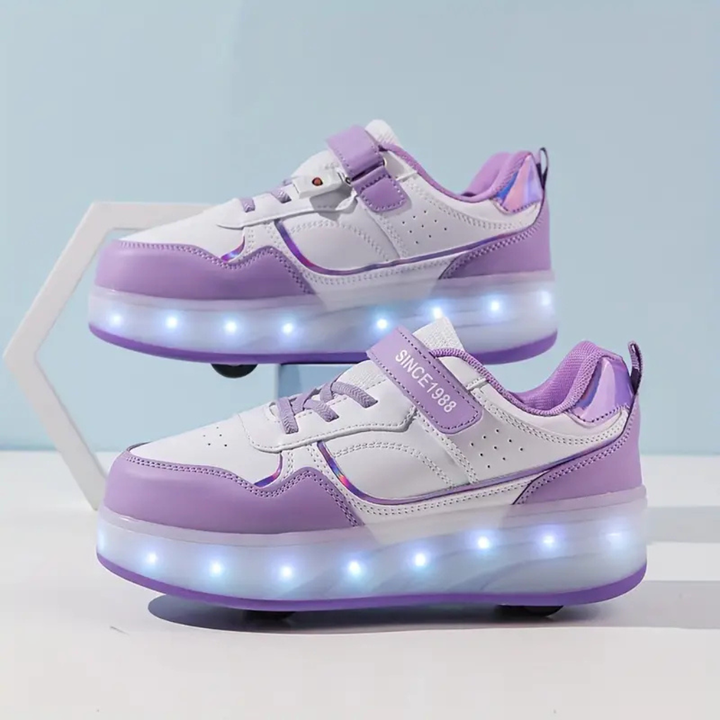 Unisex quadskates in paars, roze en wit; perfect voor jongeren & volwassenen die trendy willen skaten.