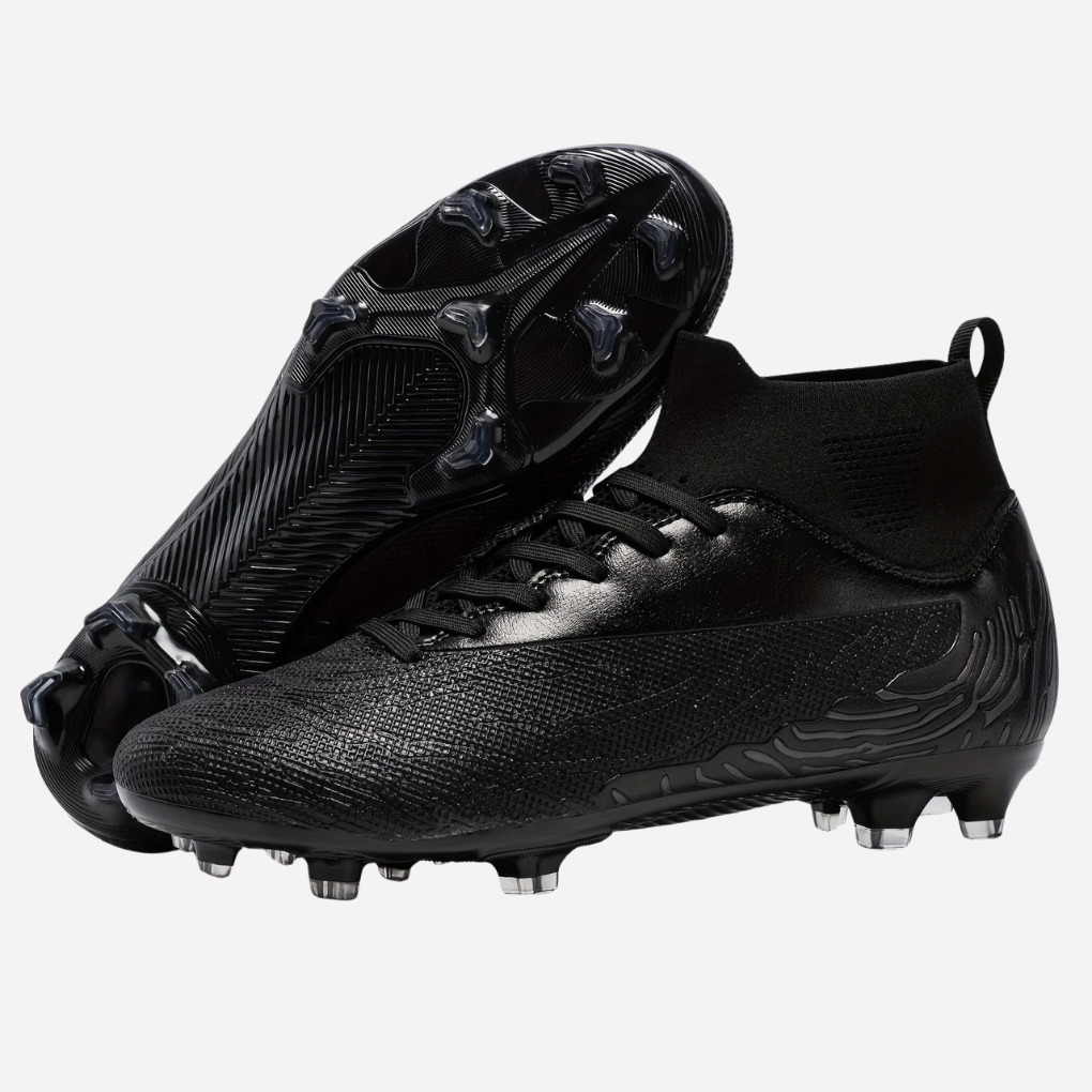 Bovenkant heren sportschoenen met hoge enkel, moderne vetersluiting voor perfecte pasvorm bij voetbal op gras/kunstgras.