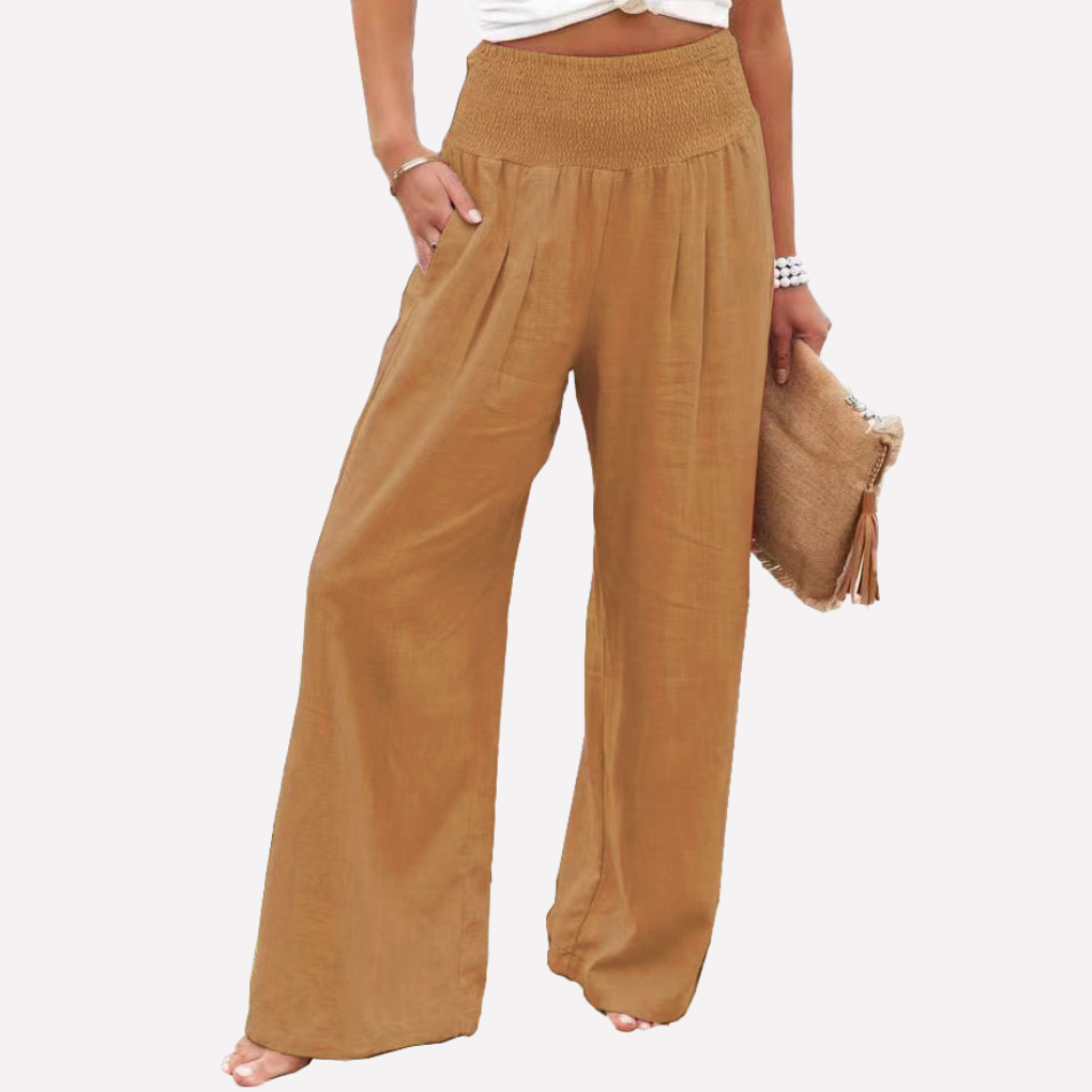 Ontspannen fit linnen palazzo broek voor vrouwen. Comfortabele breedbeen broek met hoge taille, ideaal voor vrije tijd.