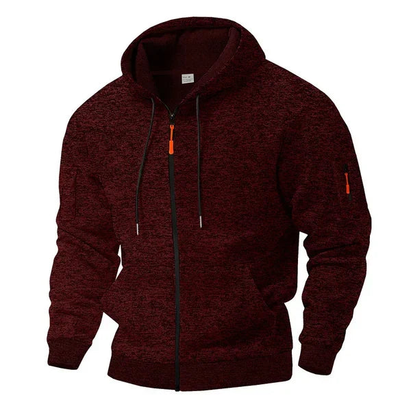 Detail van zachte heren fleece jas met ritssluiting en capuchon, perfect als warm vest.