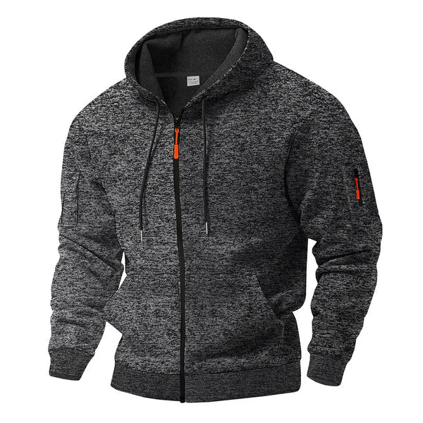Heren fleece jas met capuchon in donkere kleur, warm en comfortabel voor sportief gebruik.