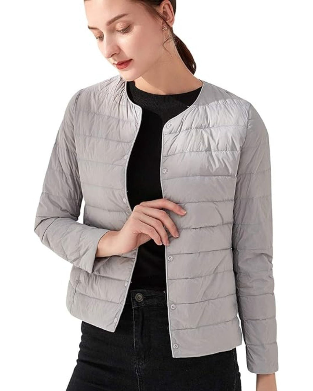 Stijlvol kort dames donsjack, effen kleur. Ideale warme winterjas voor dagelijks gebruik.