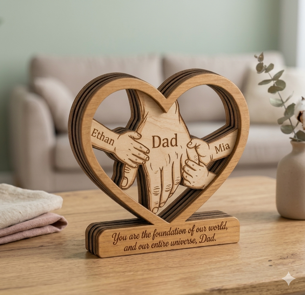 Gepersonaliseerde houten plaquette voor vader, met 'Oneindige Liefde' tekst. Ideaal cadeau voor Vaderdag.