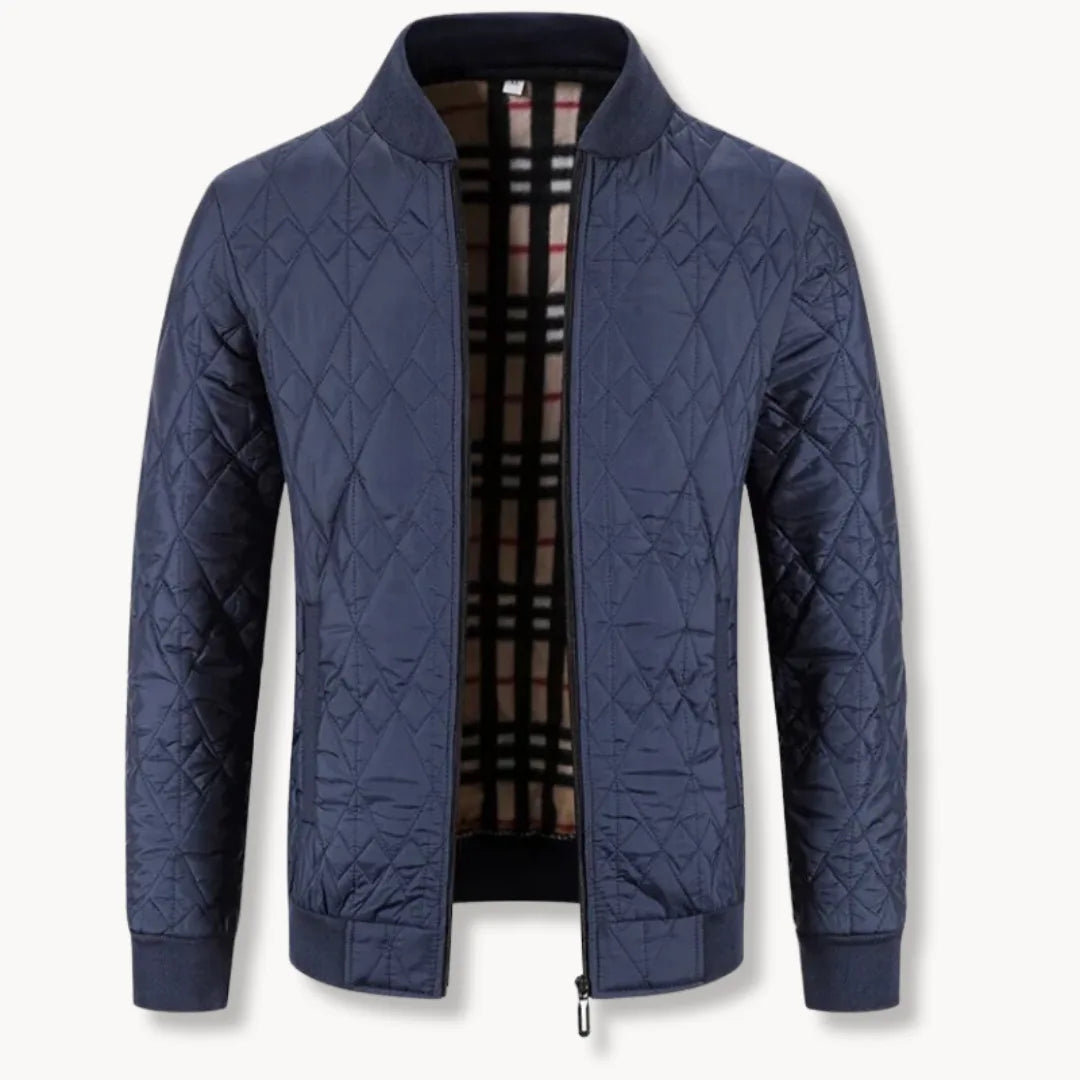 Modern heren bomberjack, gewatteerd met rits en ronde hals, veelzijdige bovenkleding voor mannen.
