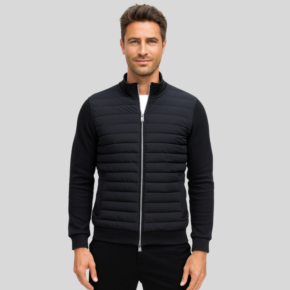 Marineblauwe heren gewatteerde jas met ritssluiting, ideaal als stijlvolle winter- of herfstjas.