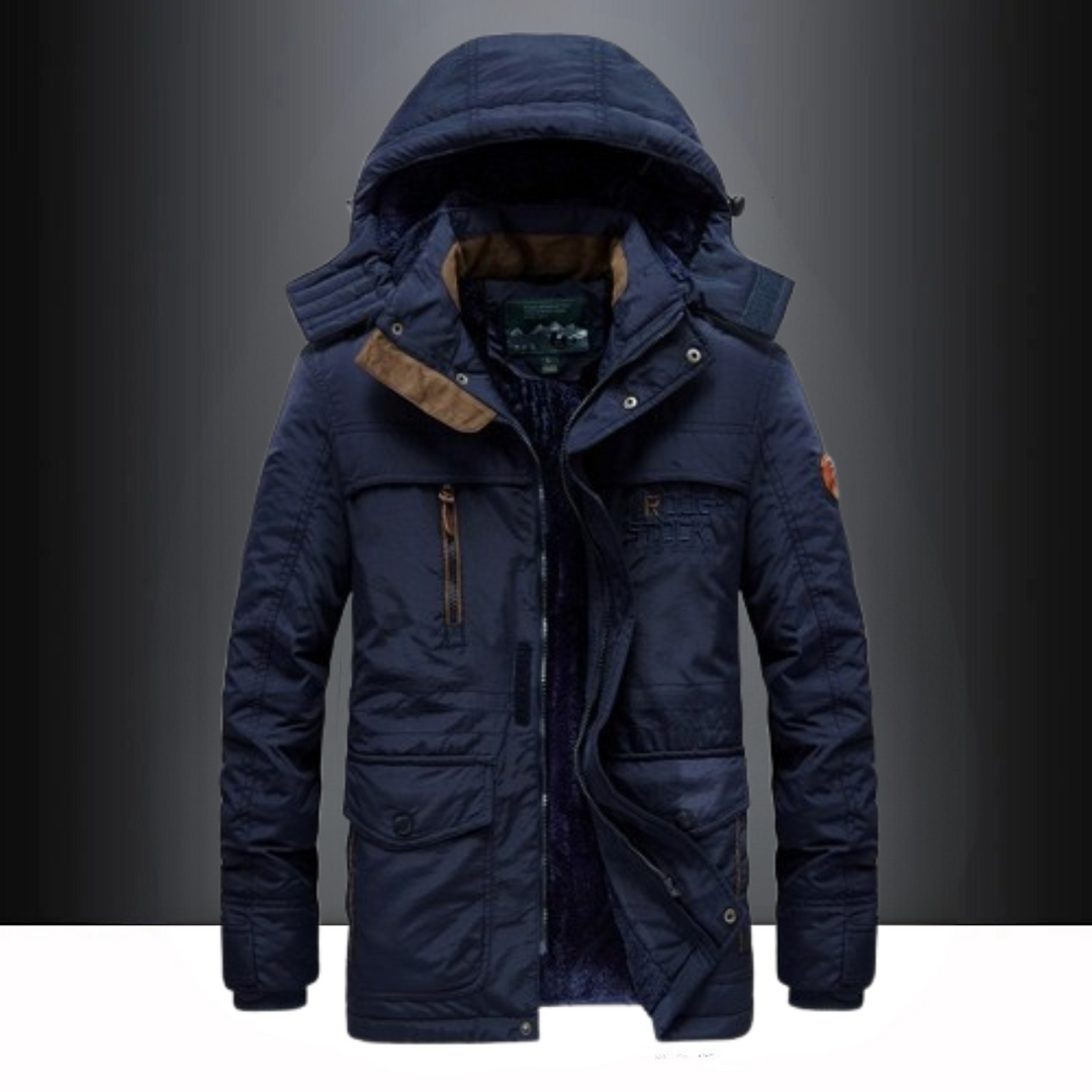 Stijlvolle heren winterjas, zwarte gewatteerde parka met warme voering, perfect voor bovenkleding in de winter.