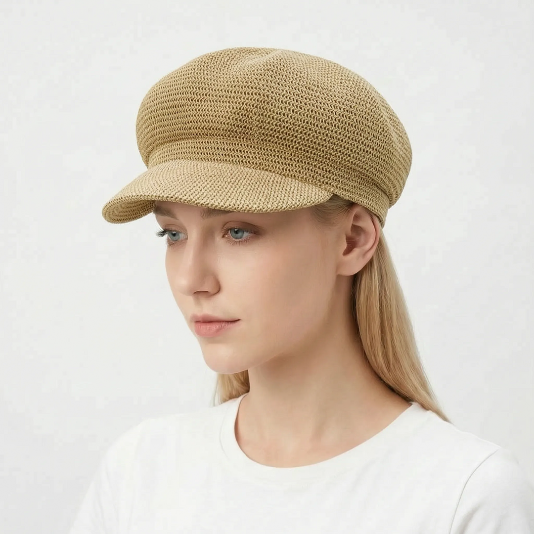 Elegante damesbaret, geweven en comfortabel, de perfecte pet voor een zonnige zomerdag of vakantie.