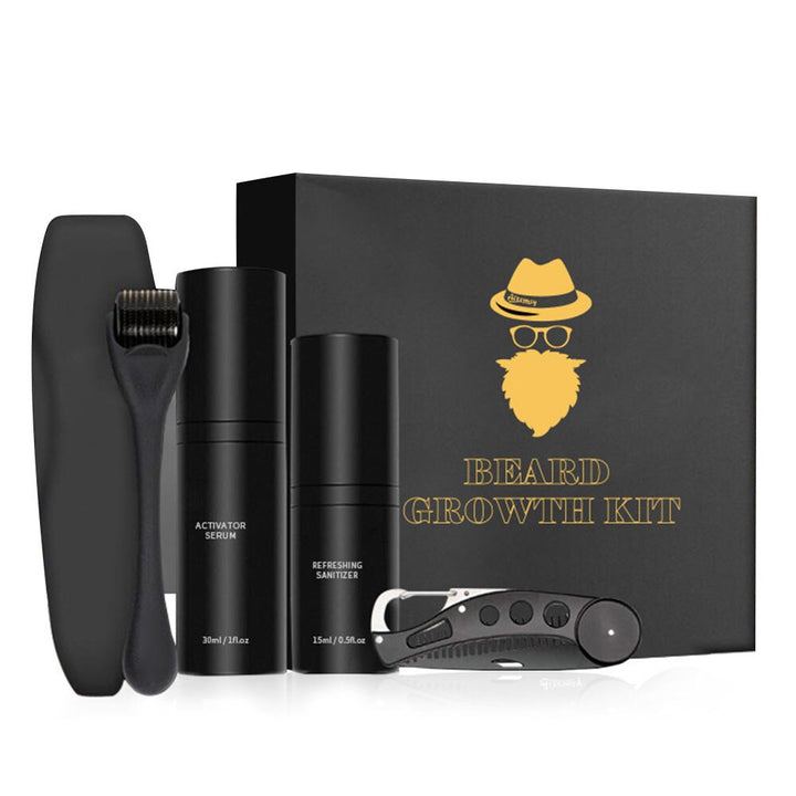 Detail van de baardgroei kit: baardroller en baardserum voor stimulatie van haargroei en dikkere baarden.