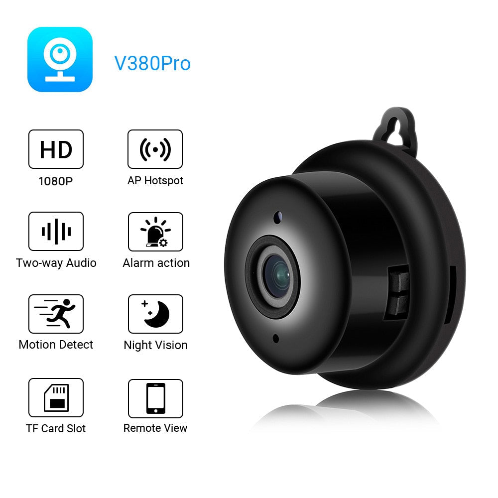 Compacte 1080p HD wifi bewakingscamera met draadloze connectiviteit en infrarood nachtzicht voor binnen.