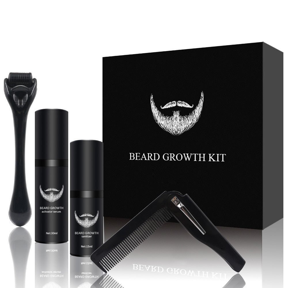 Mannen baardgroei kit met serum en roller voor snellere haargroei en een volle, sterke baardverzorging.