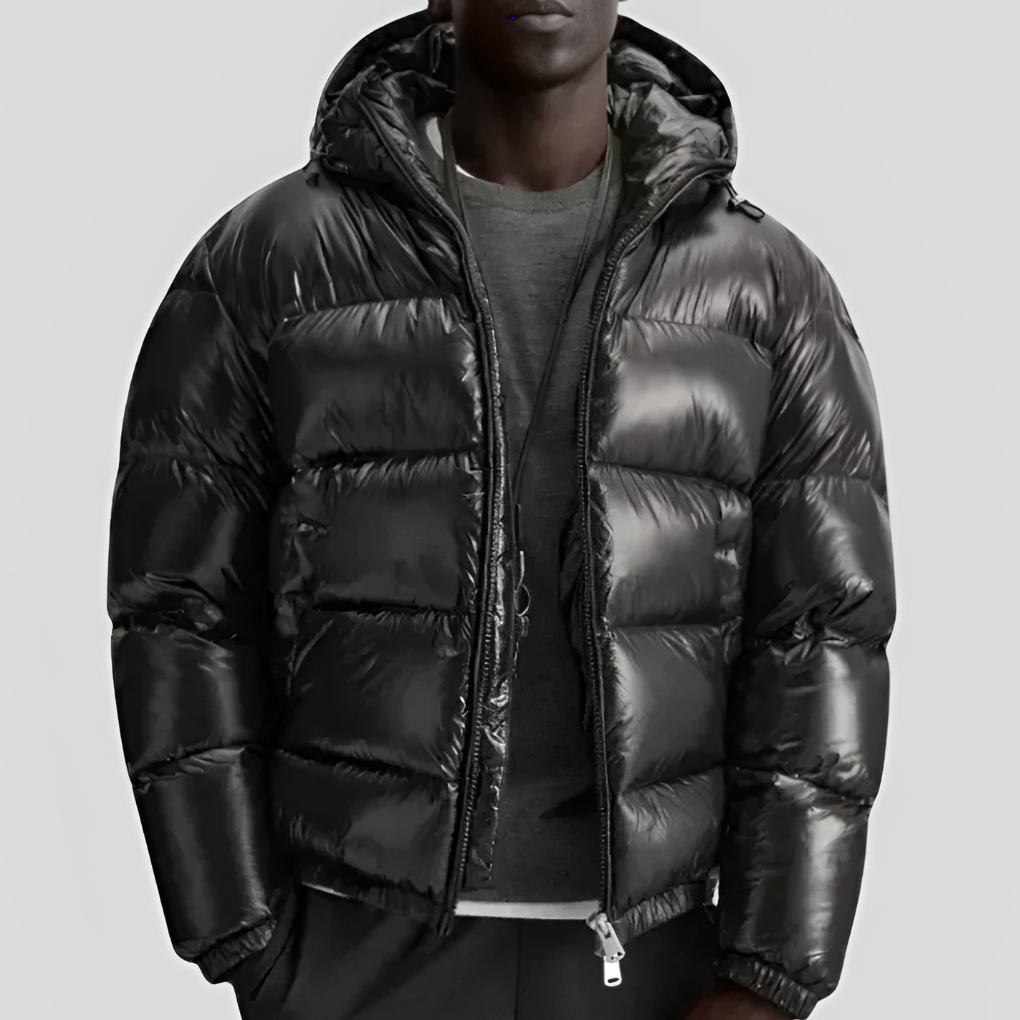 Zwarte gewatteerde heren winter pufferjas, comfortabel en stijlvol voor casual buitenkleding.