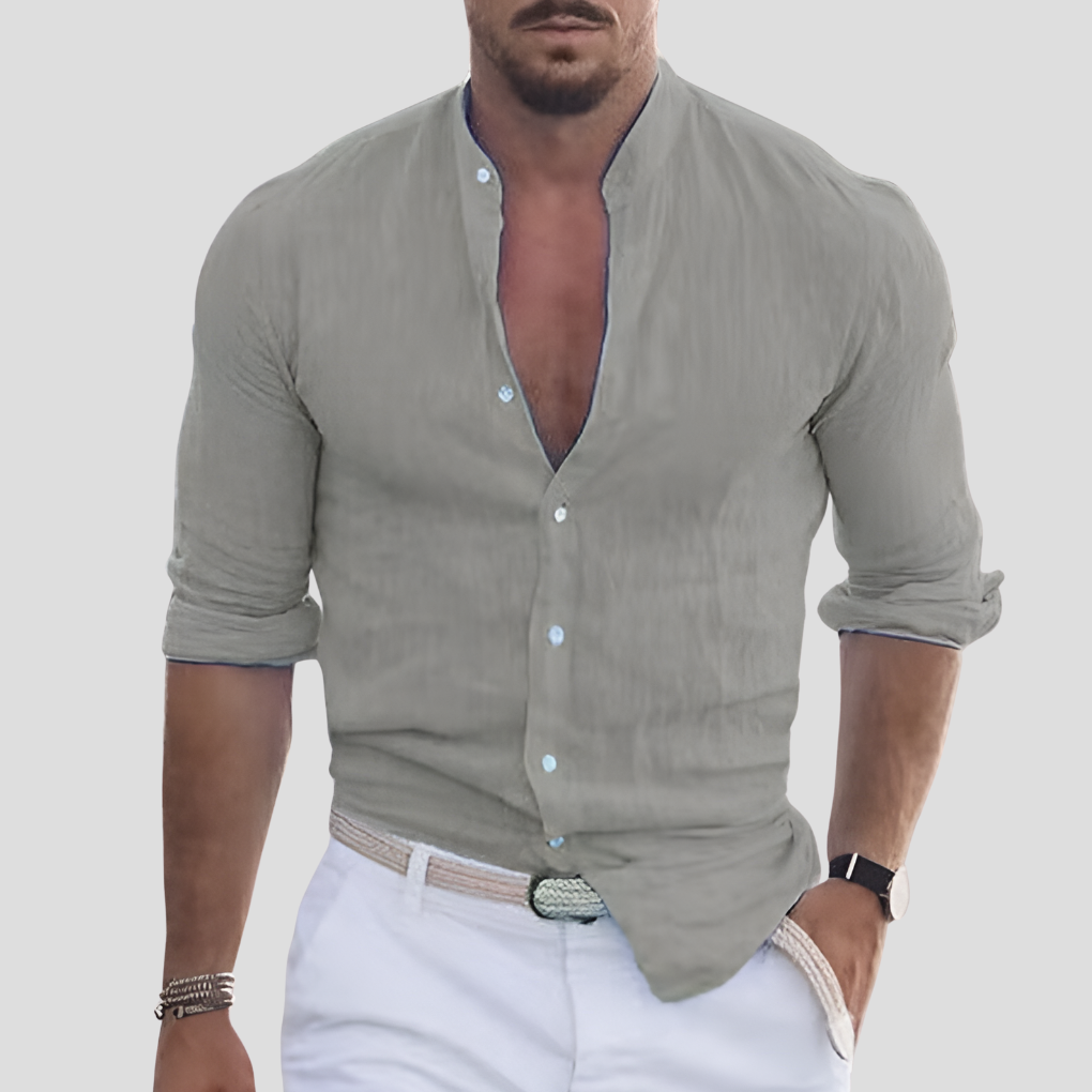 Heren slim fit overhemd met korte mouw en mandarijnkraag. Trendy voor lentemode en zomer.