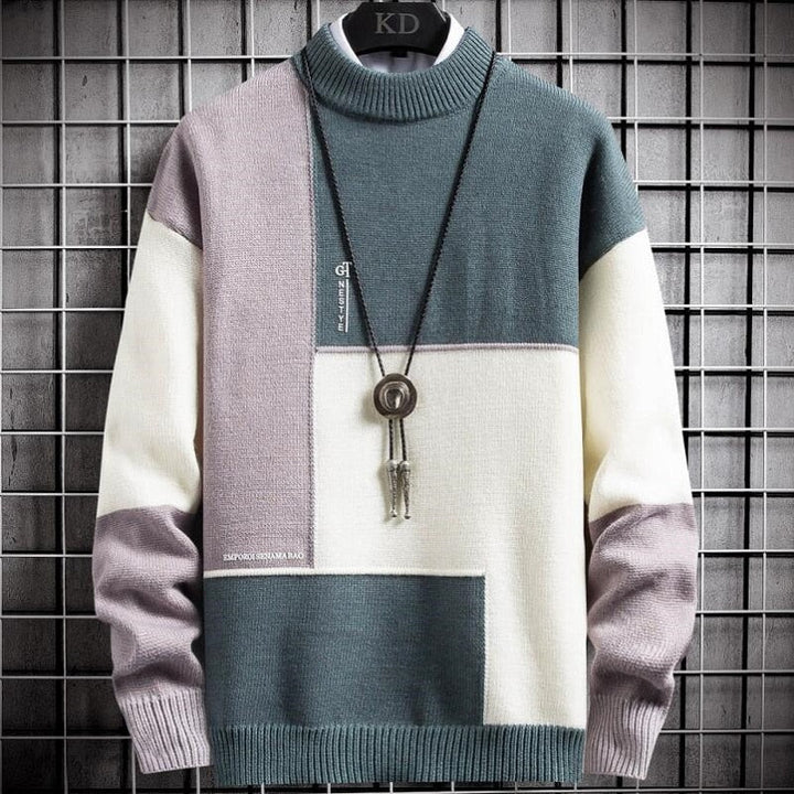 Comfortabele heren patchwork trui, warme winter pullover met ronde hals voor casual kleding.