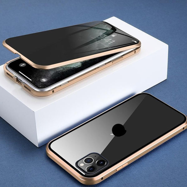 Universele magnetische iPhone hoes met privacyscherm, gehard glas en aluminium frame voor val- en krasbescherming.