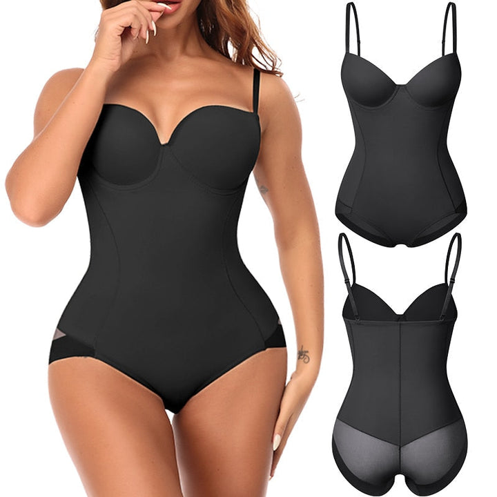 Zwarte naadloze shapewear bodysuit voor dames, biedt comfortabele ondersteuning en een afslankend effect.
