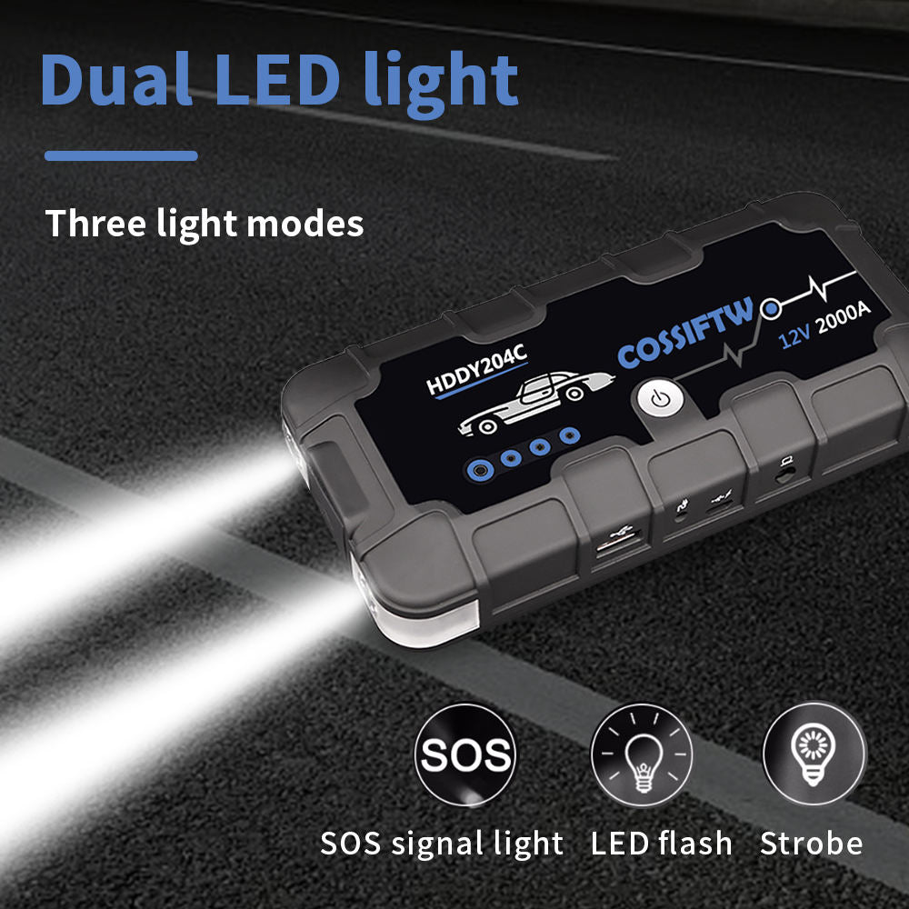Compacte jumpstarter accupack aangesloten op een voertuigaccu, snel auto's starten bij pech onderweg.
