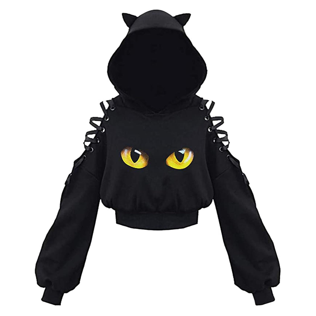 Zachte zwarte dames hoodie met speelse kattenoren, een must-have voor elke fan van kawaii kleding.