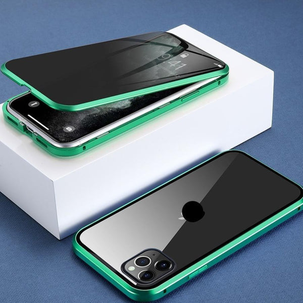 Detaillering van het aluminium frame en het gehard glazen privacyscherm van de PrivaGuard magnetische iPhone hoes.