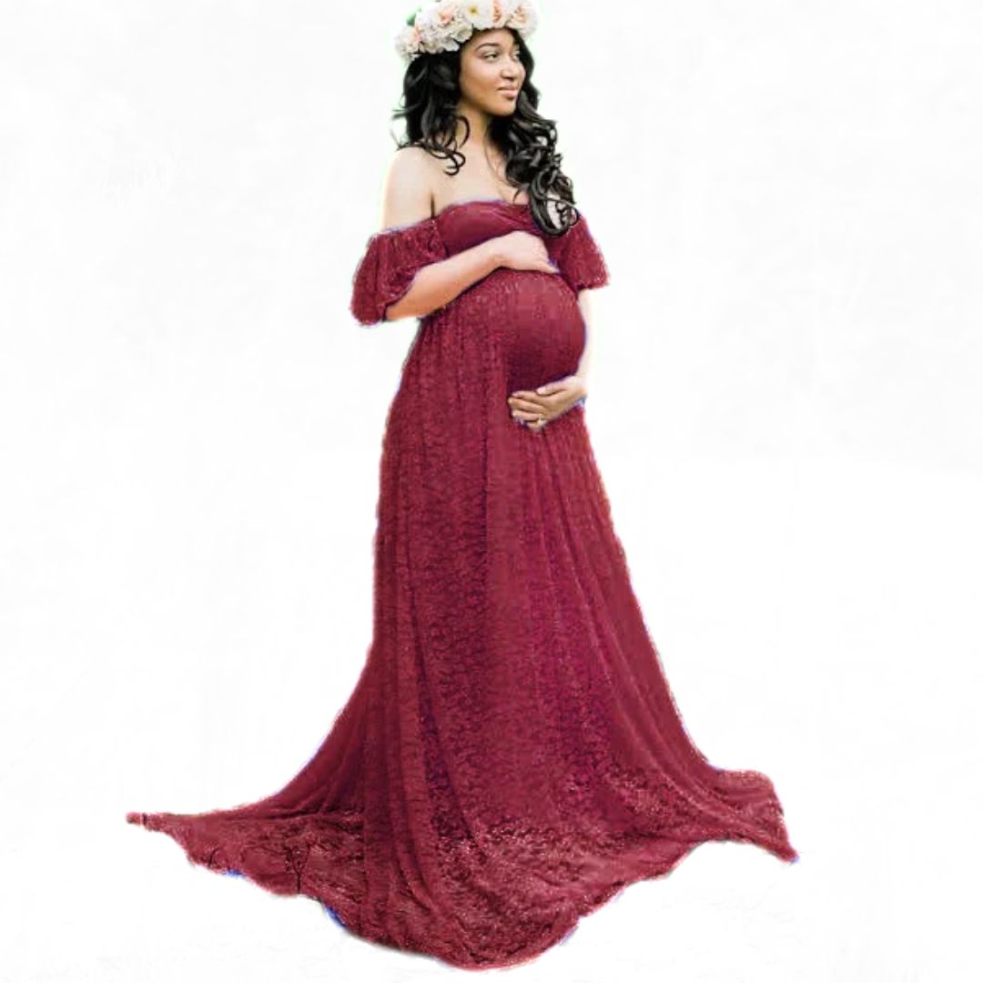 Lange elegante maxi jurk voor zwangere dames. Comfortabele pasvorm, perfect als feestjurk of fotoshoot jurk.