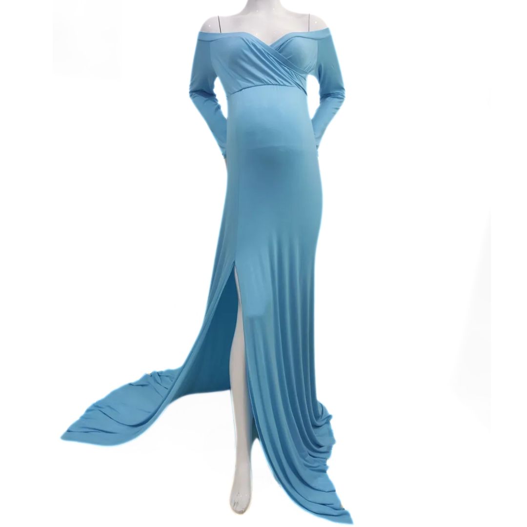 Dames off-shoulder zwangerschaps maxi jurk, elegant en stijlvol. Een must-have voor zwangere vrouwen.