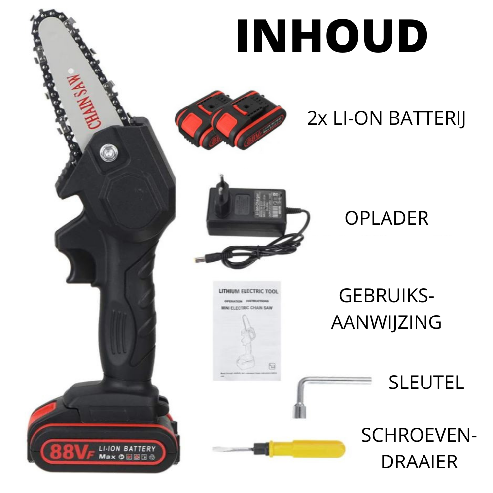 Handige draagbare accu kettingzaag, essentieel voor compact tuinonderhoud.