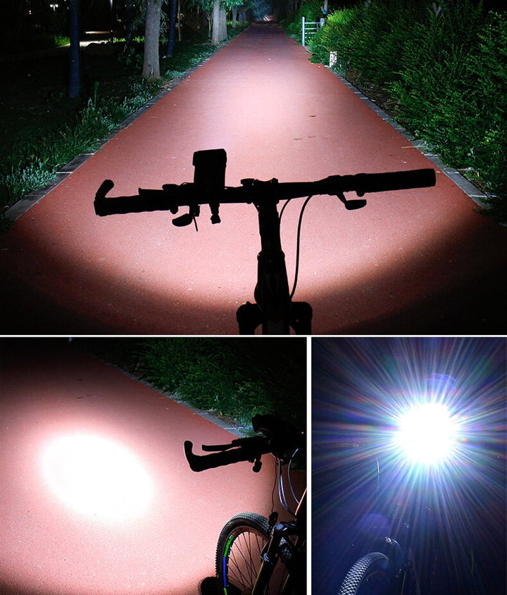 Veilige fietshouder met telefoonhouder, luide claxon en oplaadbare fietsverlichting; ideaal voor navigatie en power onderweg.