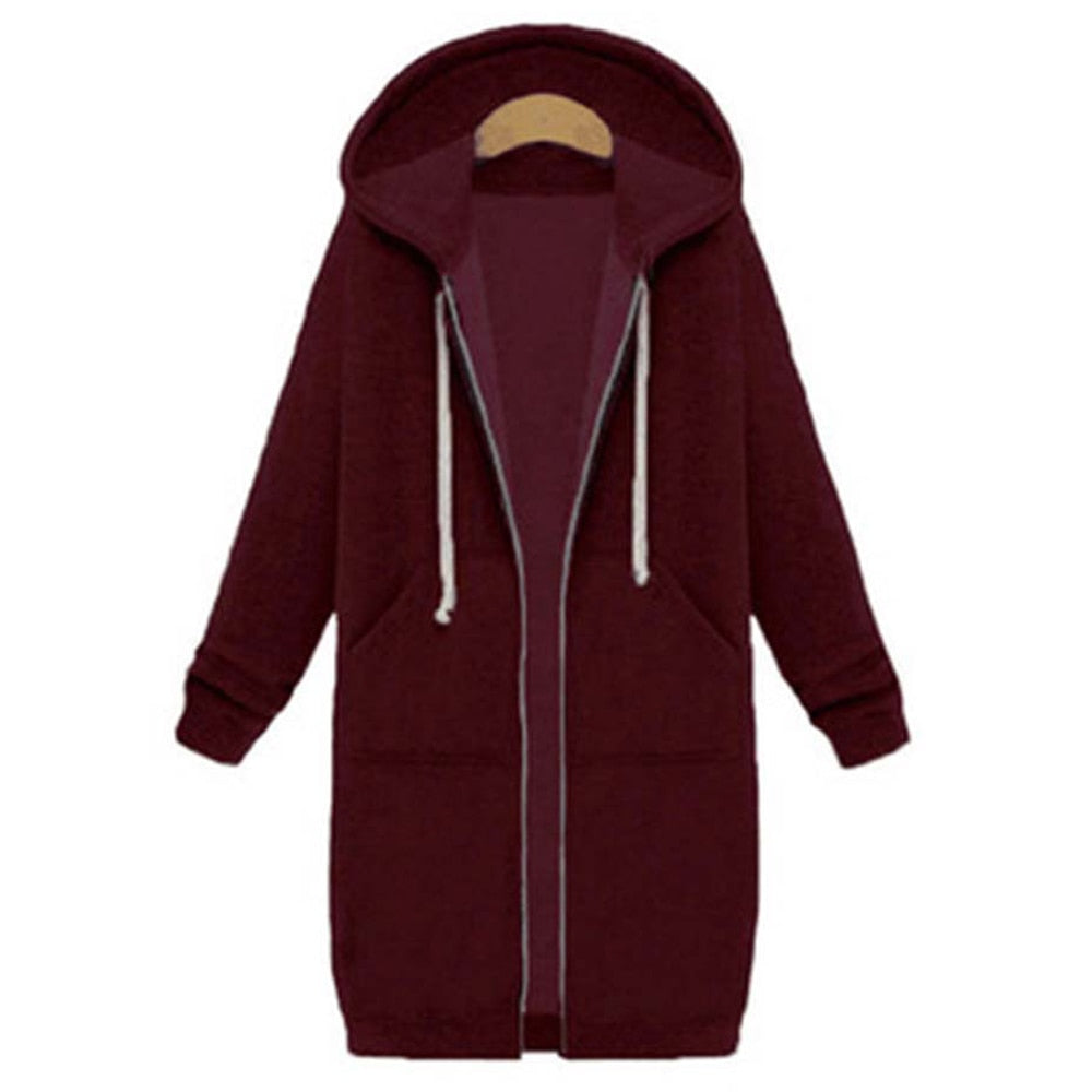 Dames lange jas met capuchon, comfortabele pasvorm, perfect voor winterse omstandigheden.
