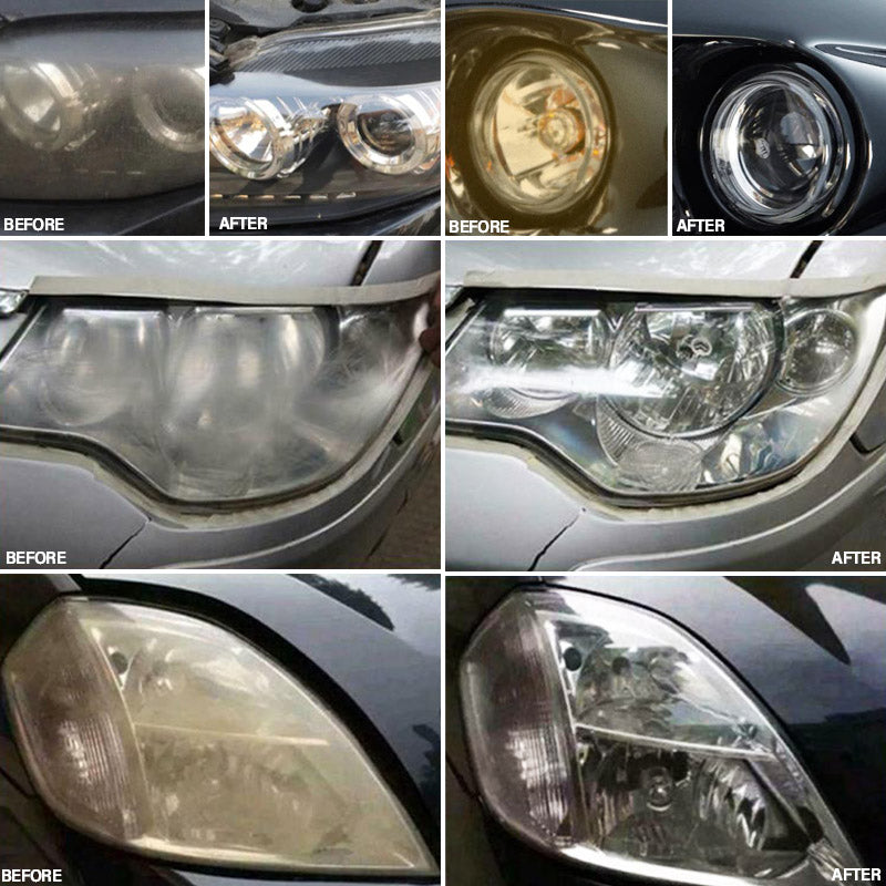 Geoxideerde, doffe autokoplamp vóór behandeling met reparatievloeistof. Herstel glans en veiligheid.