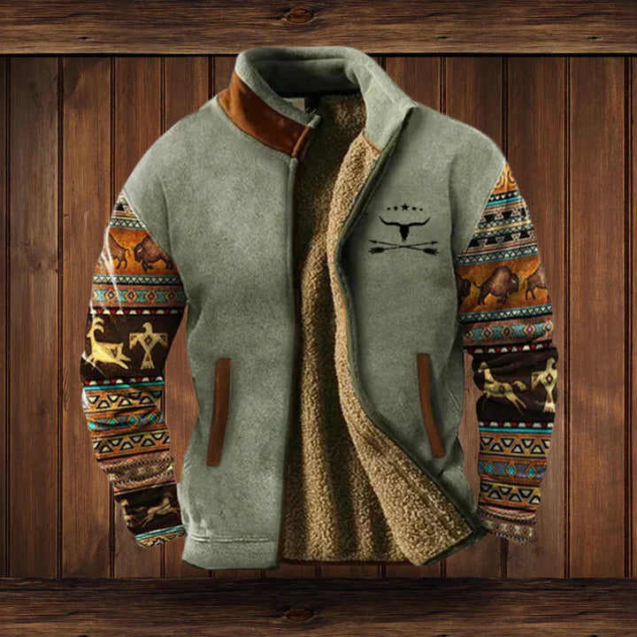 Stijlvolle heren winterjas met unieke western patroonmouwen. Perfect voor koude dagen; stoer en warm.