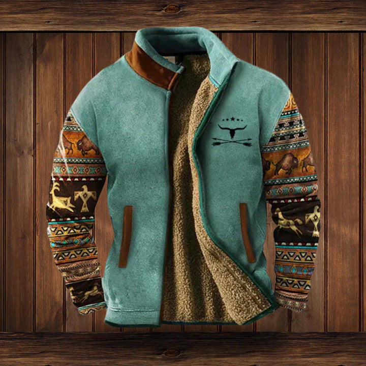 Warme herenjas met opvallende western details op de mouwen. Ideaal voor de winter en een modieuze look.