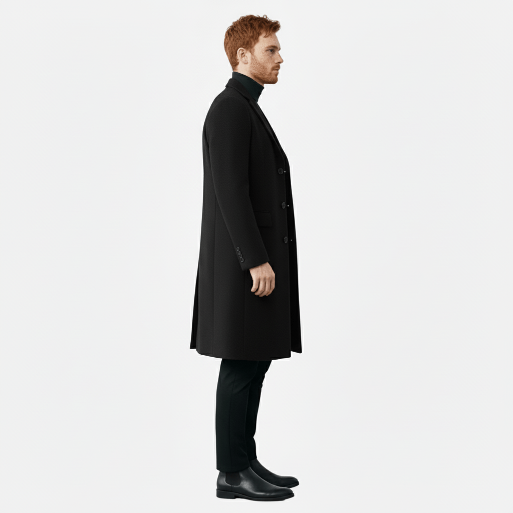 Man draagt de elegante herenmantel Phoenix, toont de lange pasvorm en knoopdetails.