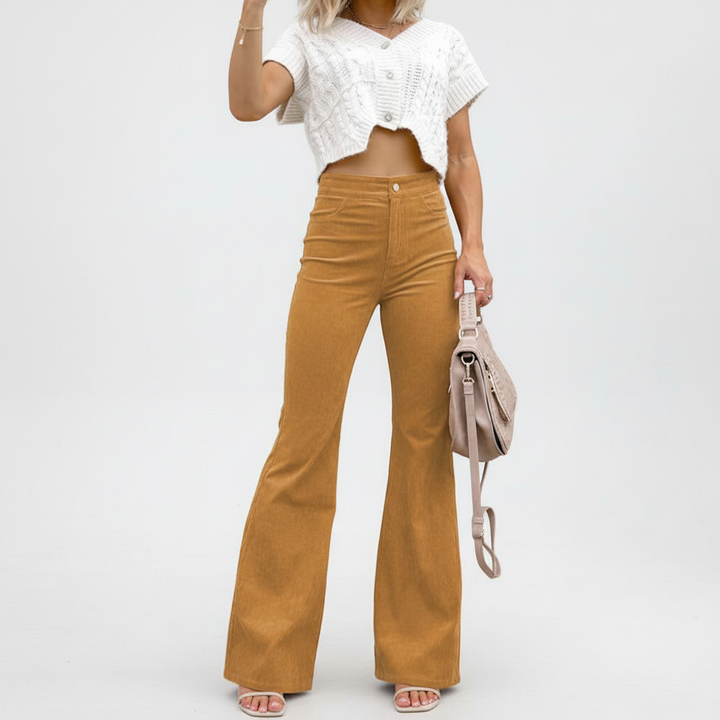 Dames hoge taille flared broek met comfortabele wijde pijpen. Modieuze en elegante Bettina broek, ideaal voor vrouwen.