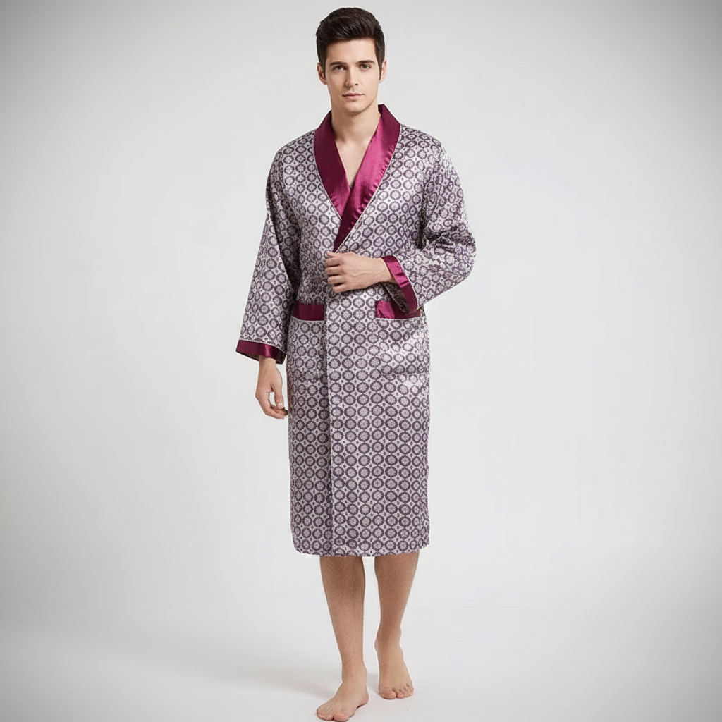 Ontspannende luxe heren badjas met elegant patroon, perfect als cadeau of voor comfortabele avonden thuis.
