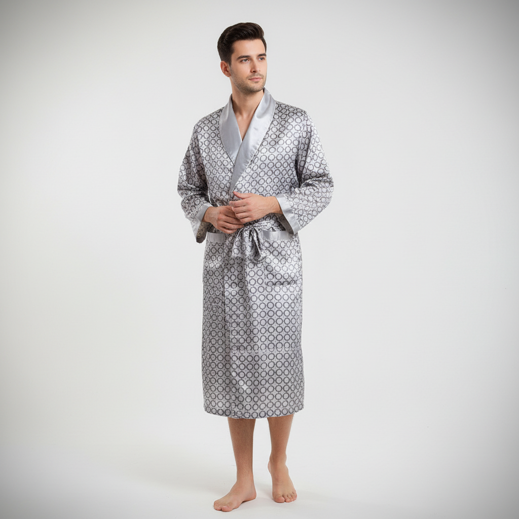 Zachte en stijlvolle heren badjas met patroon, gemaakt van hoogwaardig satijn voor ultiem comfort en luxe.