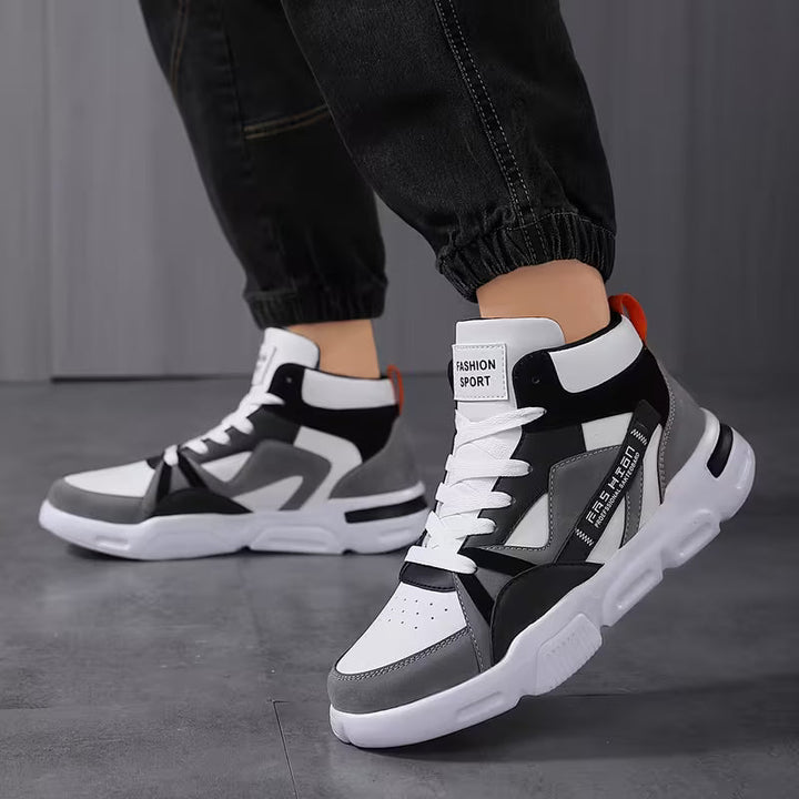 Grijze casual hoge heren sneakers, vetersluiting, perfecte grip door antislip zool.