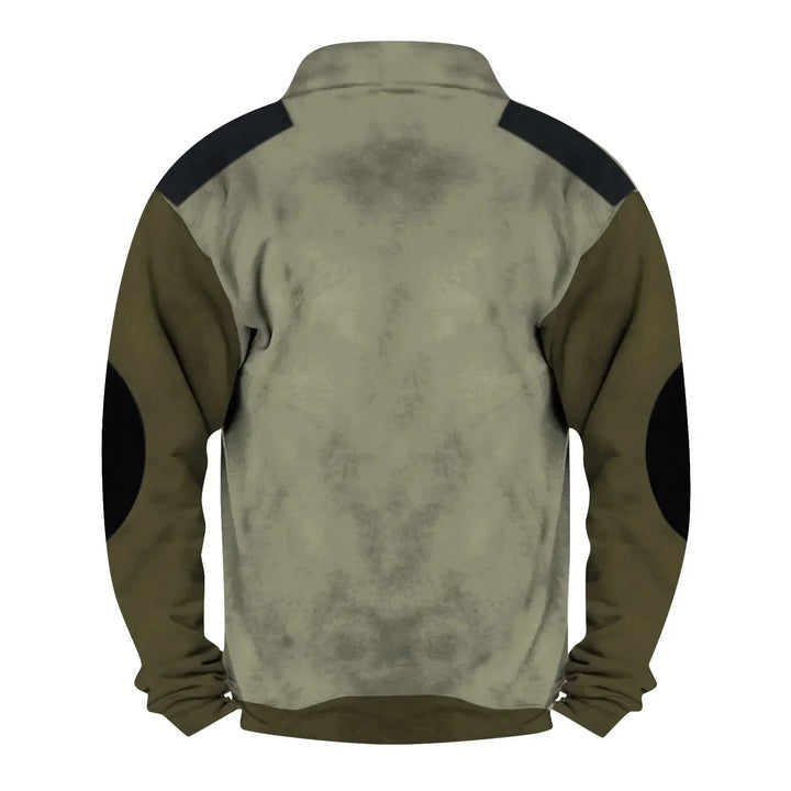 Vintage heren trui met halve rits en unieke schouderstukken. Casual mode item voor de moderne man, comfortabel.