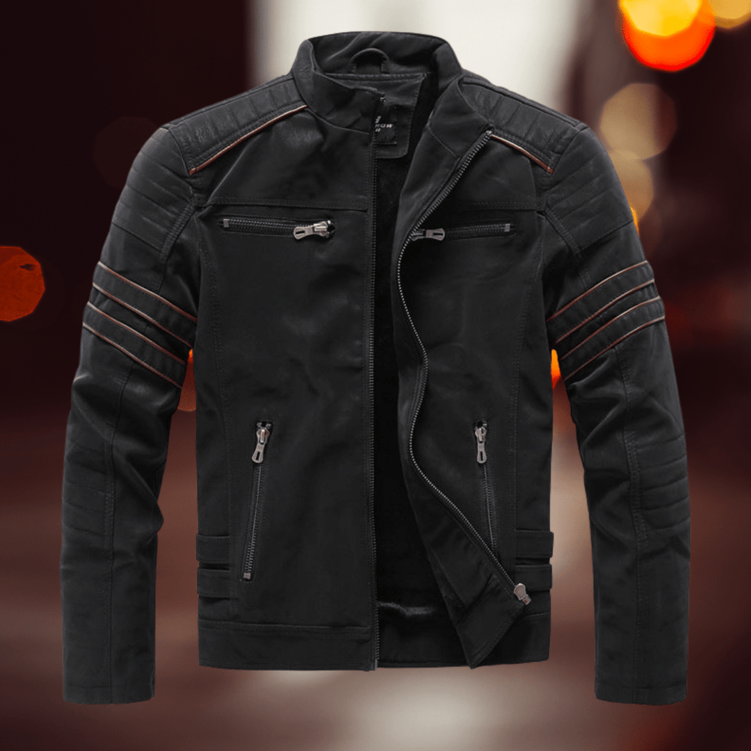 Stijlvolle heren bikerjas met ritsdetails, perfect voor herfst en winter. Stoere, praktische mannenmode.