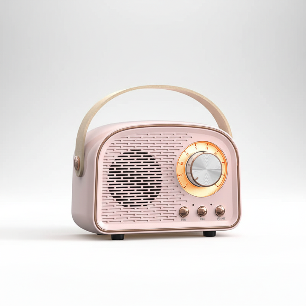 TuneHaven compacte retro Bluetooth luidspreker. Draadloze FM radio en vintage esthetiek voor je muziek.