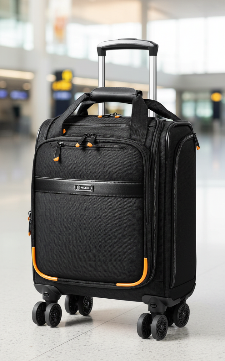 Compacte reistrolley TravelBuddy met stevige wielen, perfect als handbagage voor cabine. Ideaal voor zakelijk reizen.