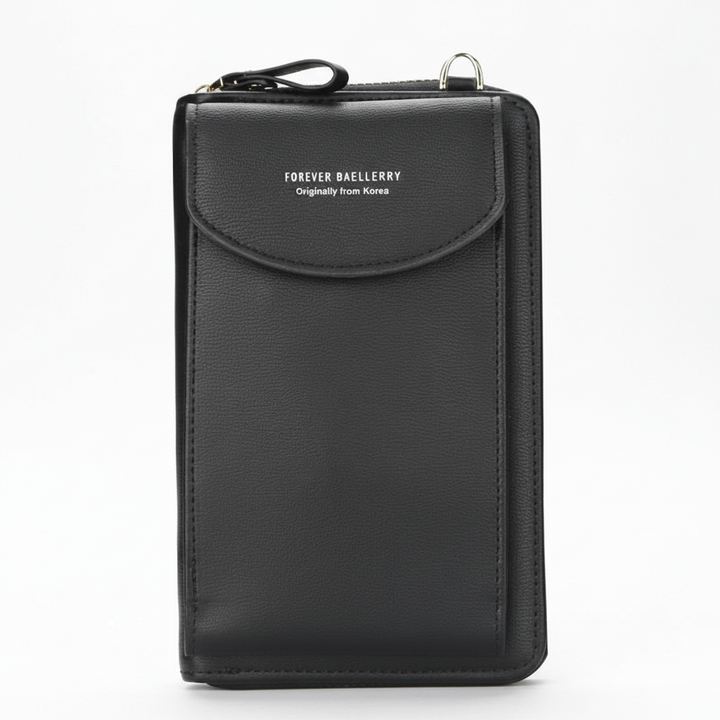Modieuze damesportemonnee van kunstleer, compact design met veilig telefoonvak en rits.
